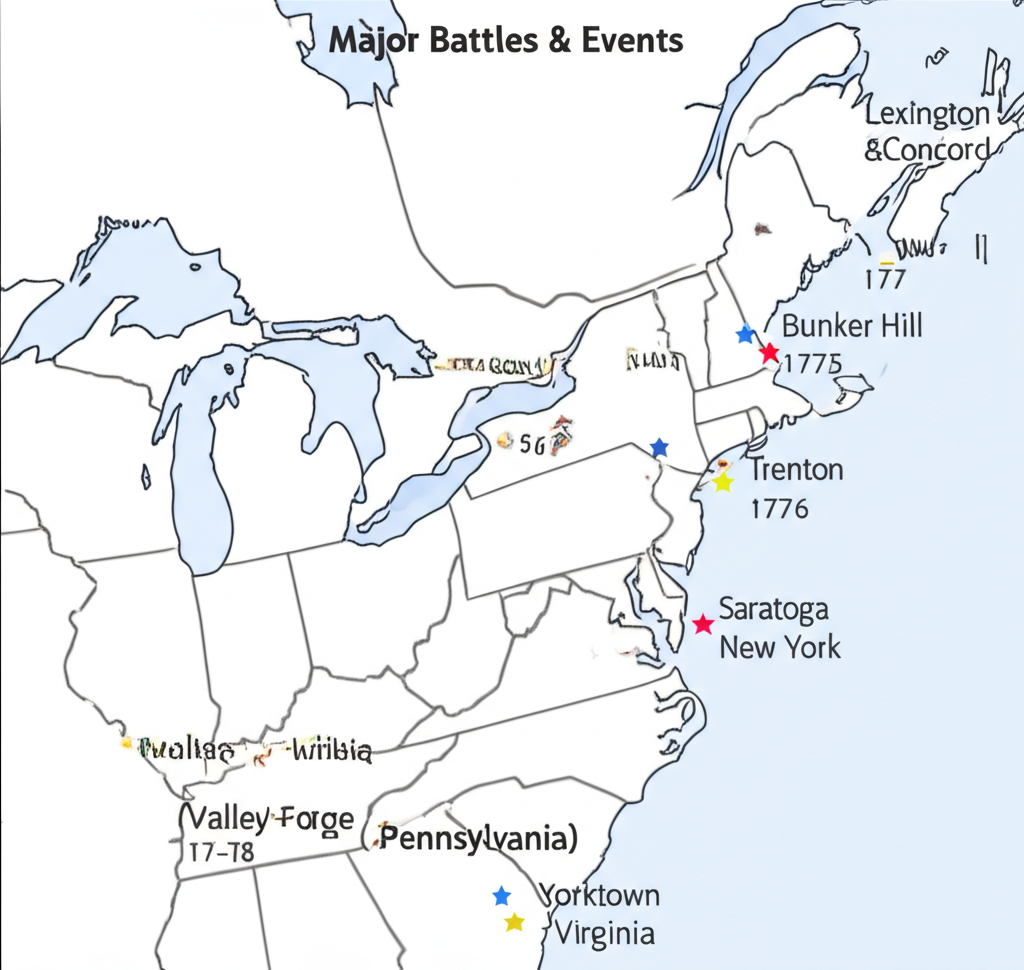 Map of major Revolutionary War battles: Lexington & Concord, Bunker Hill, Trenton, Saratoga, Valley Forge, and Yorktown