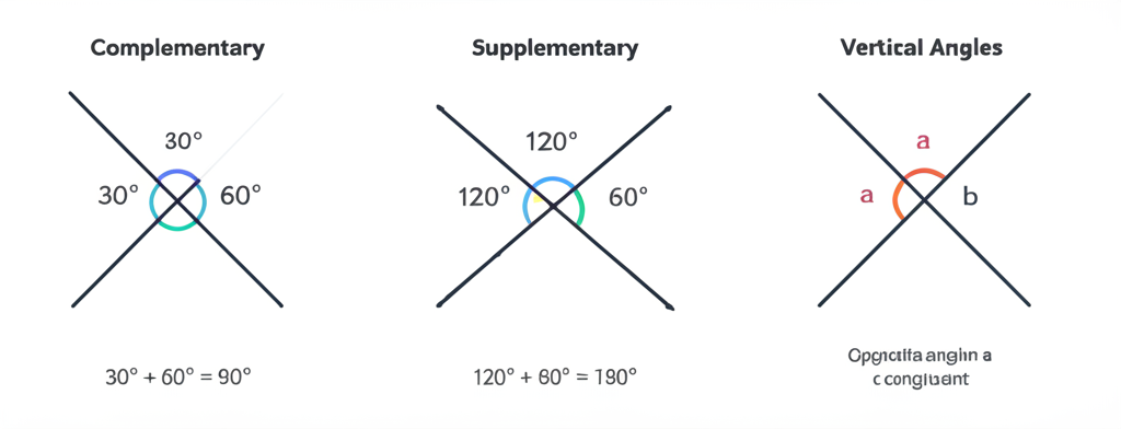 Three angle relationships: Complementary (sum = 90°), Supplementary (sum = 180°), Vertical Angles (congruent)