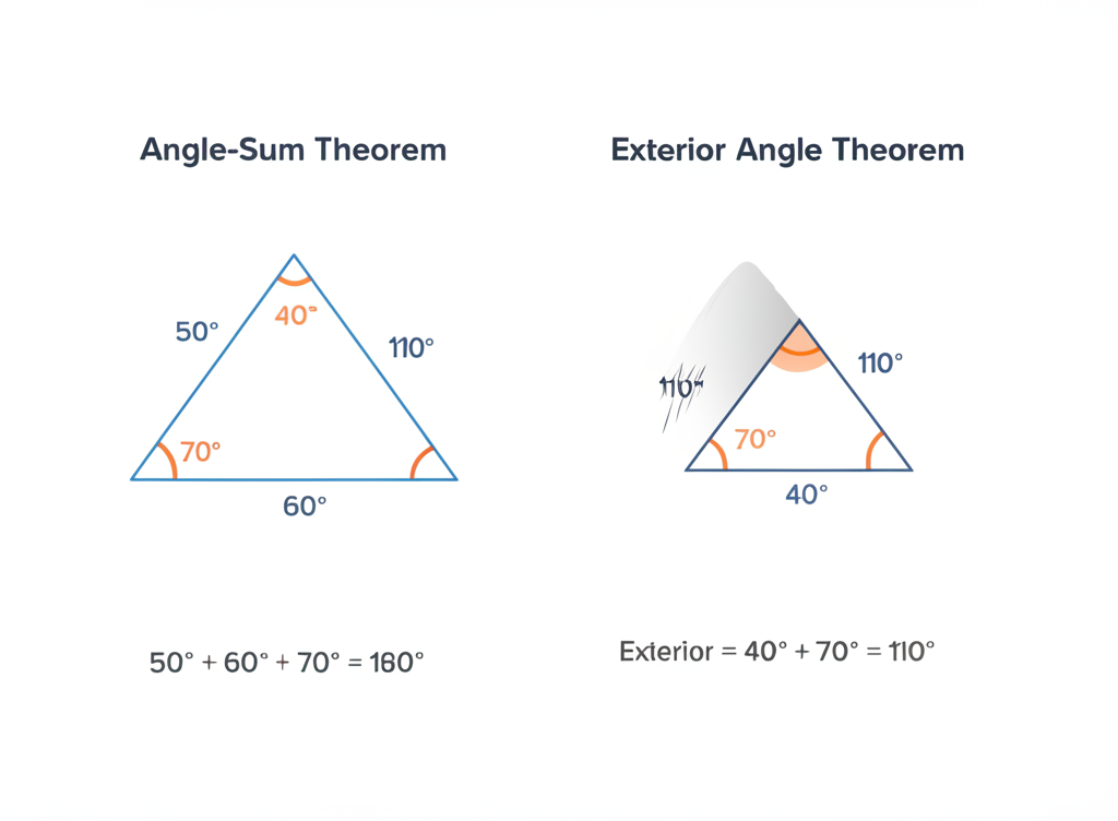 Triangle with angles 50°, 60°, 70° summing to 180°, and exterior angle theorem example