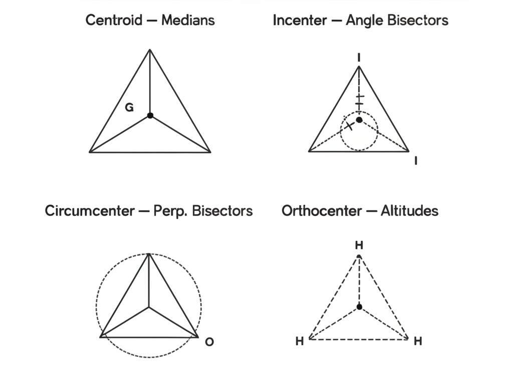 Four triangle centers: Centroid (medians), Incenter (angle bisectors), Circumcenter (perpendicular bisectors), Orthocenter (altitudes)