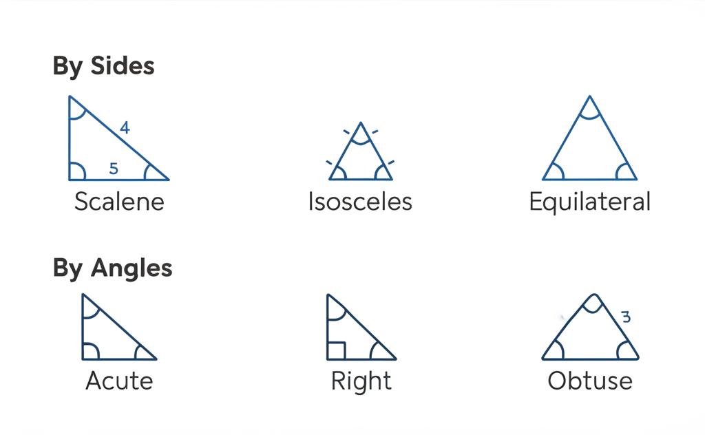 Six triangles: By sides (Scalene, Isosceles, Equilateral) and by angles (Acute, Right, Obtuse)