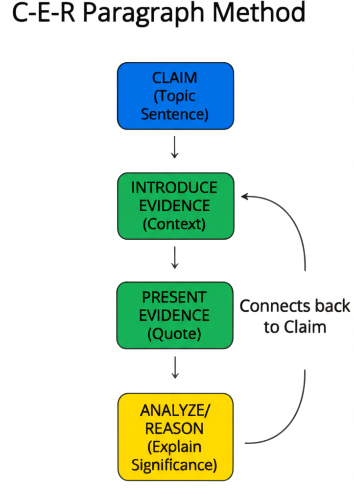 C-E-R Paragraph Method flowchart: Claim (Topic Sentence) → Introduce Evidence (Context) → Present Evidence (Quote) → Analyze/Reason (Explain Significance)