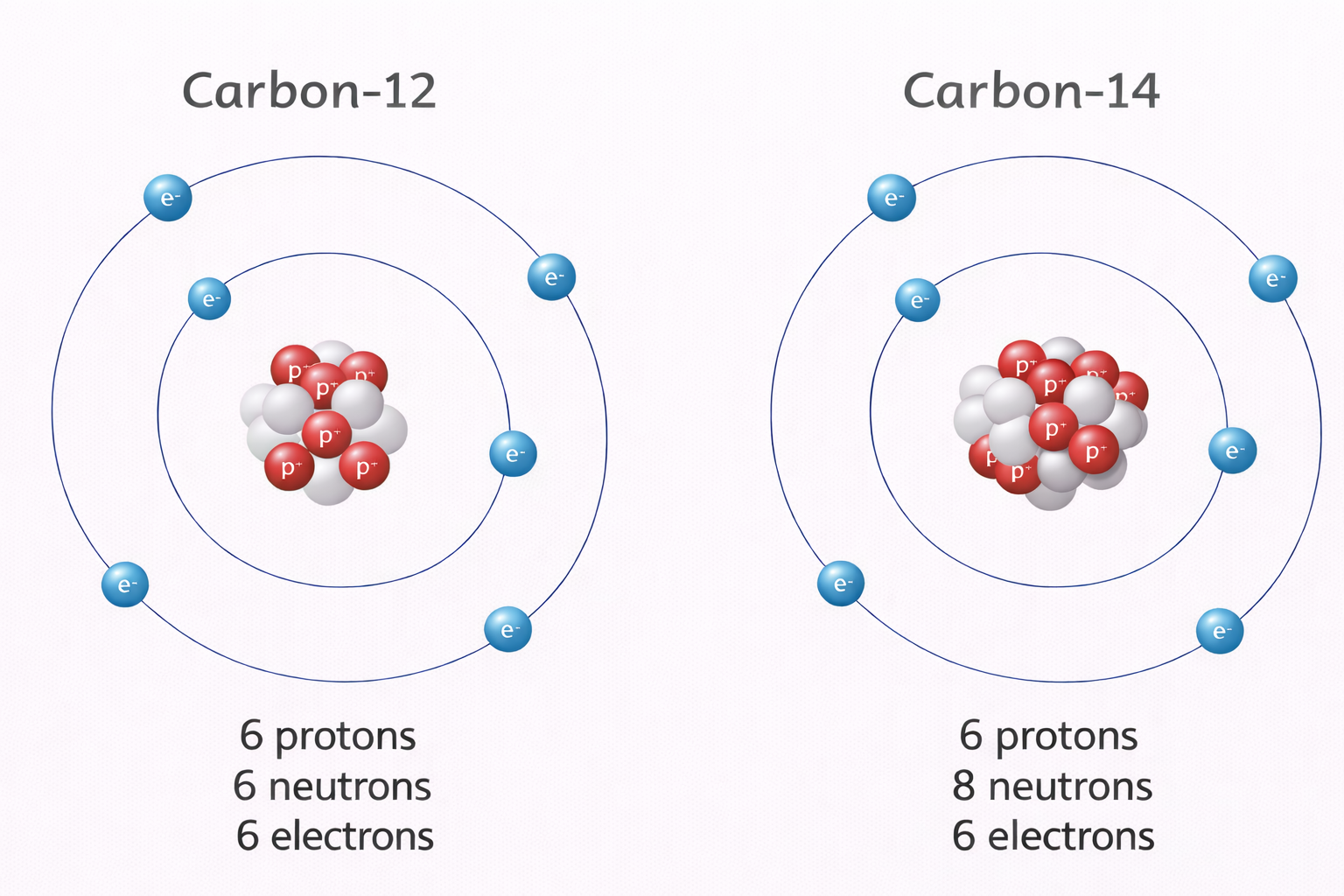 Isotopes comparison diagram — Carbon-12 and Carbon-14 shown side by side with same number of protons but different neutrons