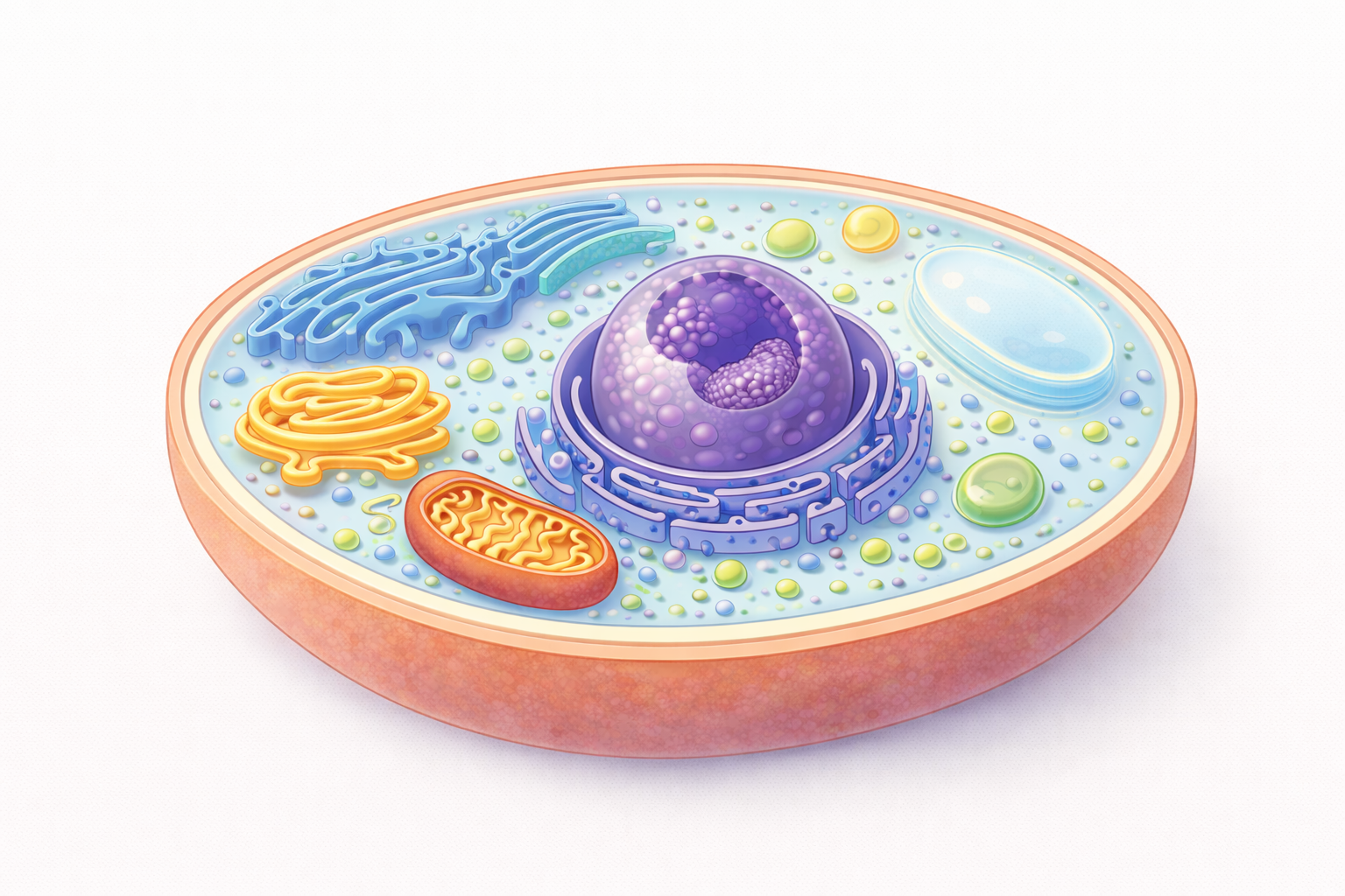 Animal cell cross-section showing the nucleus, nucleolus, rough and smooth endoplasmic reticulum, Golgi apparatus, mitochondrion, vacuole, lysosomes, cytoplasm, and cell membrane