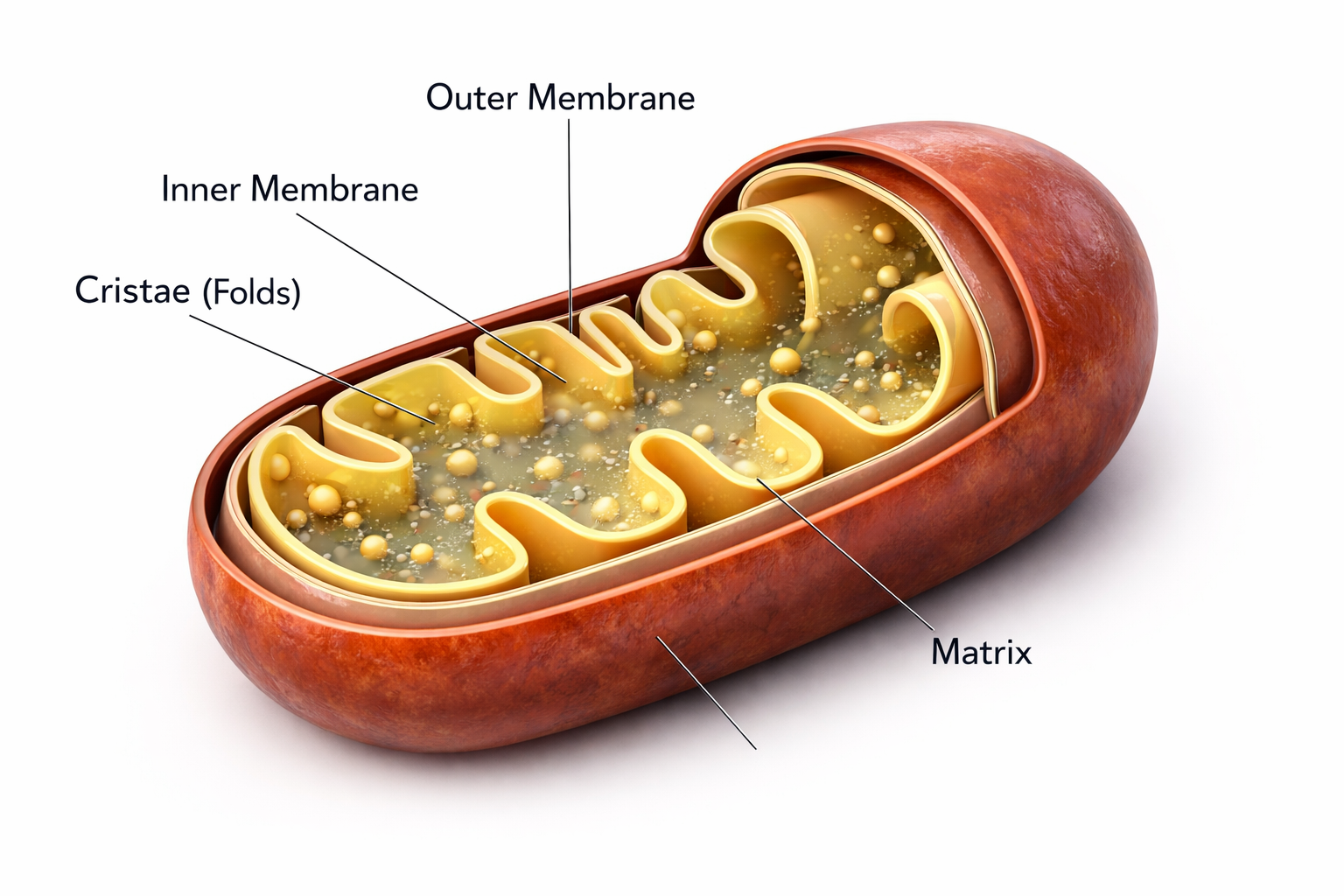 Mitochondria structure — cross-section showing the outer membrane, inner membrane with cristae folds, and matrix where ATP is produced