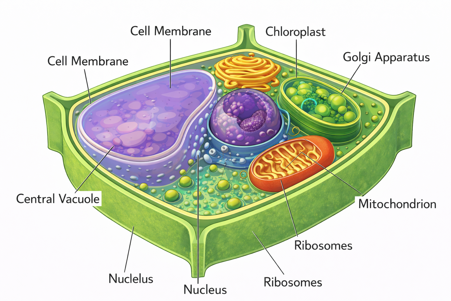 Plant cell diagram — labelled cross-section showing the cell wall, chloroplasts, large central vacuole, nucleus, mitochondria, ER, and Golgi apparatus