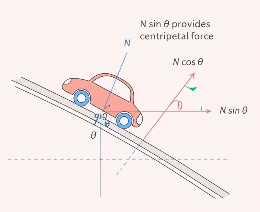 Free body diagram of a car on a banked curve showing weight (mg) straight down, normal force (N) perpendicular to road surface, with horizontal component of N providing centripetal force towards center of curve