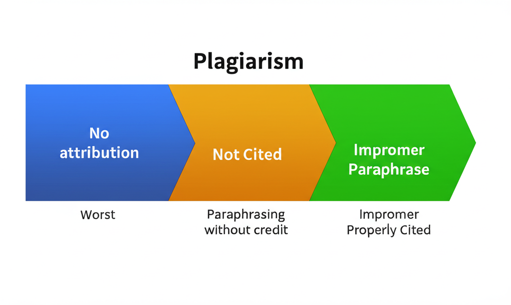 The Plagiarism Spectrum showing a gradient from green (Original Work and Proper Citation) through yellow (Poor Paraphrasing and Patchwork Plagiarism) to red (Direct Copying and Uncited Quotation)