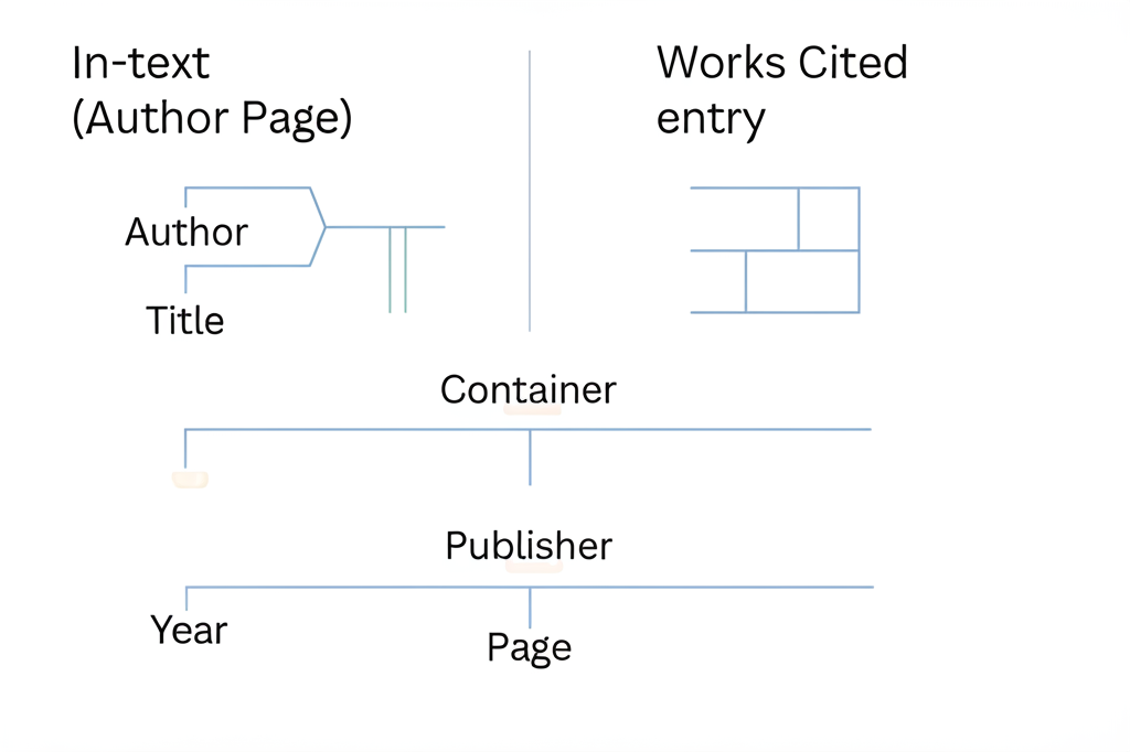 Anatomy of an MLA Citation showing the breakdown of an in-text citation (Author Last Name and Page Number) and a Works Cited entry (Author, Title, Publisher, Year)
