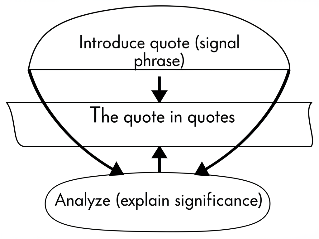 The Quote Sandwich Visual showing three layers: Top Bread (Introduce with Signal Phrase and Context), Filling (Quote or Paraphrase with In-text Citation), and Bottom Bread (Explain and Analyze, connecting to thesis)