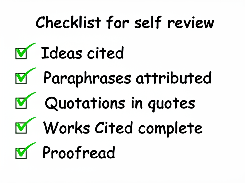 Plagiarism Check: Before You Submit checklist showing six items to verify: quotation marks, own words for paraphrases, in-text citations, Works Cited page, introduced and explained evidence, and checked for common knowledge