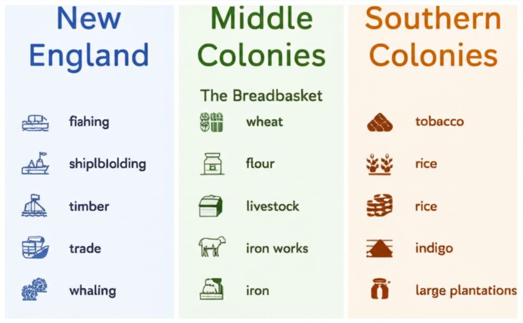 Comparison of the three colonial regions' economies: New England (fishing, shipbuilding), Middle Colonies (breadbasket), Southern Colonies (plantations)