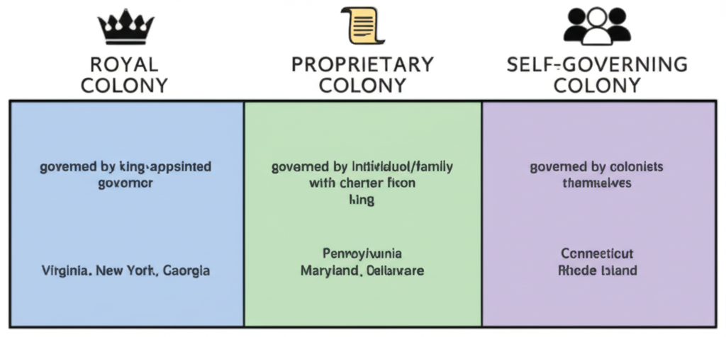 Three types of colonial government: Royal (king-appointed governor), Proprietary (individual with charter), Self-Governing (colonists elect officials)
