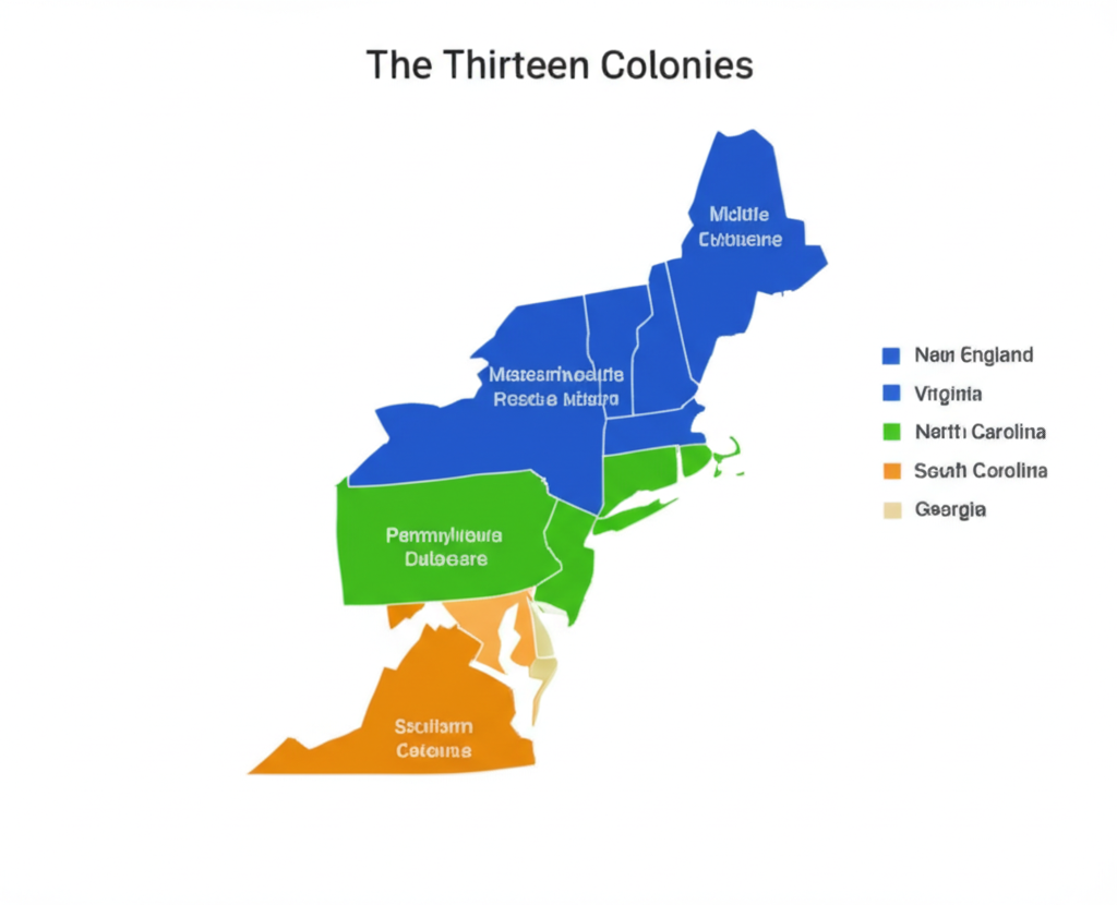 Map showing the thirteen colonies grouped into New England (blue), Middle (green), and Southern (orange) regions
