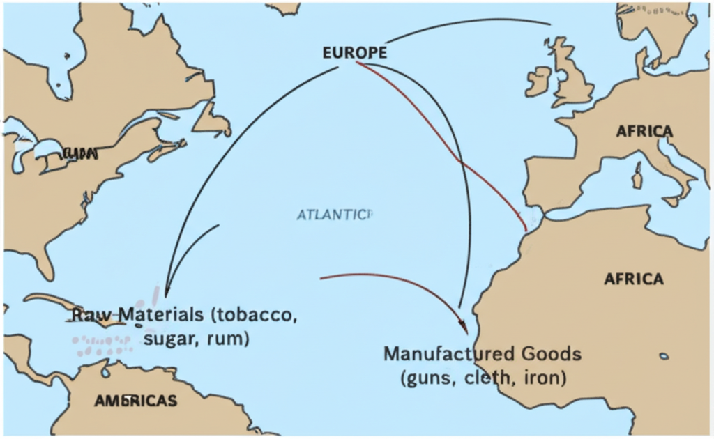 Diagram of the triangular trade: manufactured goods from Europe to Africa, enslaved people from Africa to the Americas, raw materials from the Americas to Europe