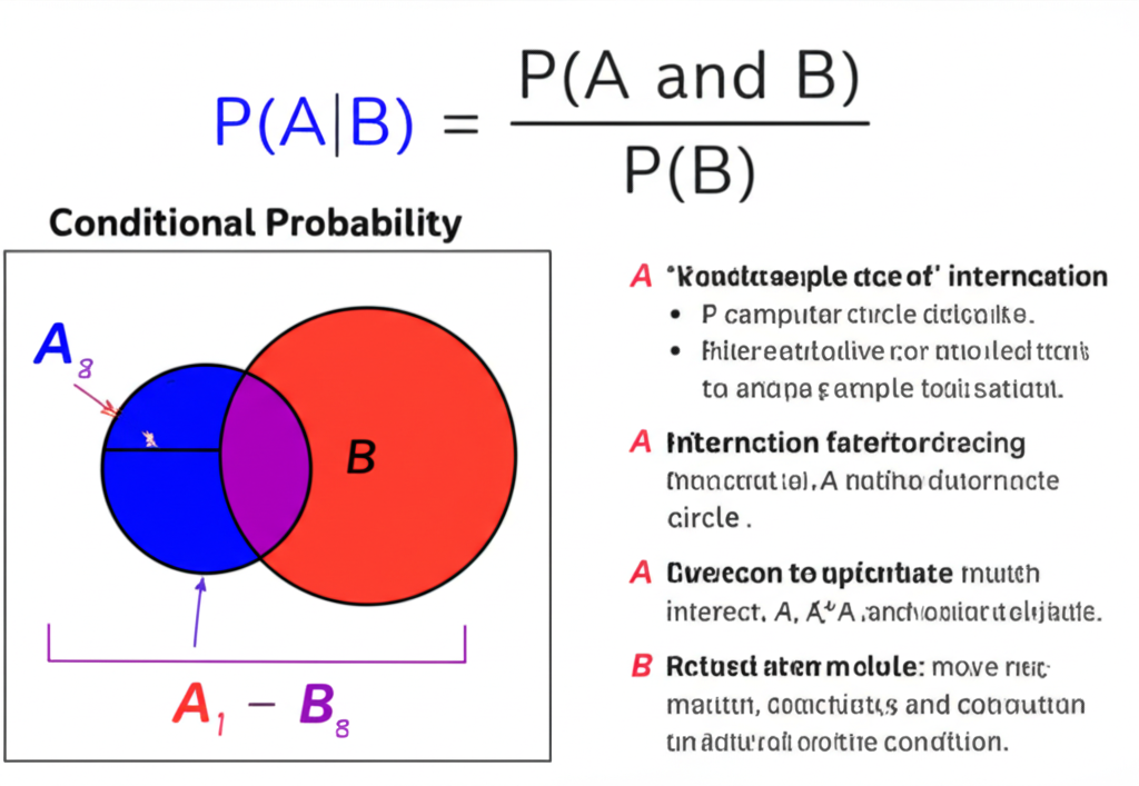 Venn diagram showing conditional probability formula P(A|B) = P(A and B) / P(B) with the sample space reduced to event B