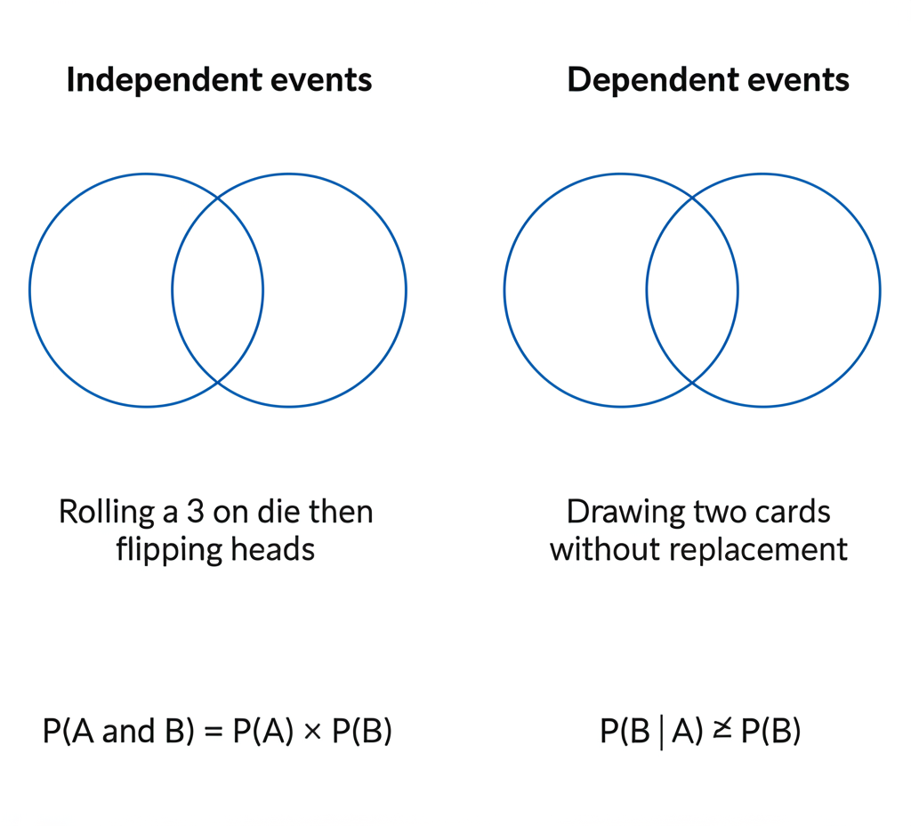 Side-by-side Venn diagrams comparing independent events (where P(A|B) = P(A)) and dependent events (where P(A|B) differs from P(A))