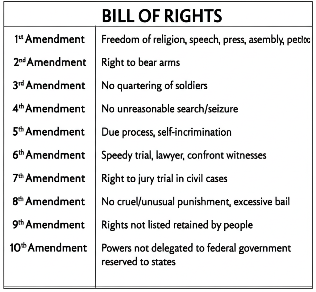 Overview chart of the Bill of Rights showing all ten amendments and what each protects
