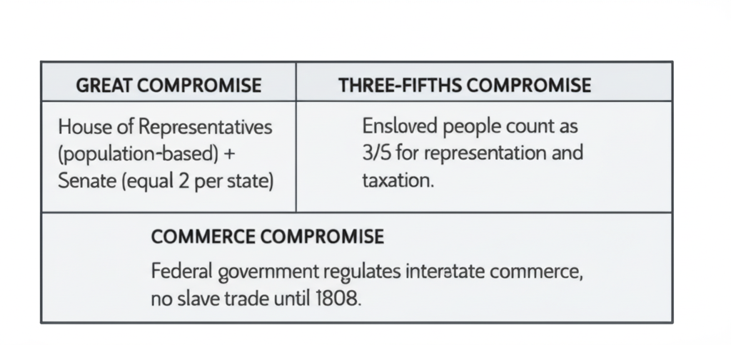 Chart showing the three major Constitutional compromises: Great Compromise, Three-Fifths Compromise, and Commerce Compromise