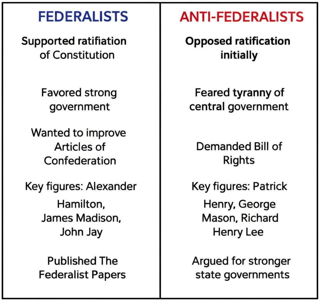 Comparison chart showing Federalist vs Anti-Federalist positions on ratification, government power, and key figures