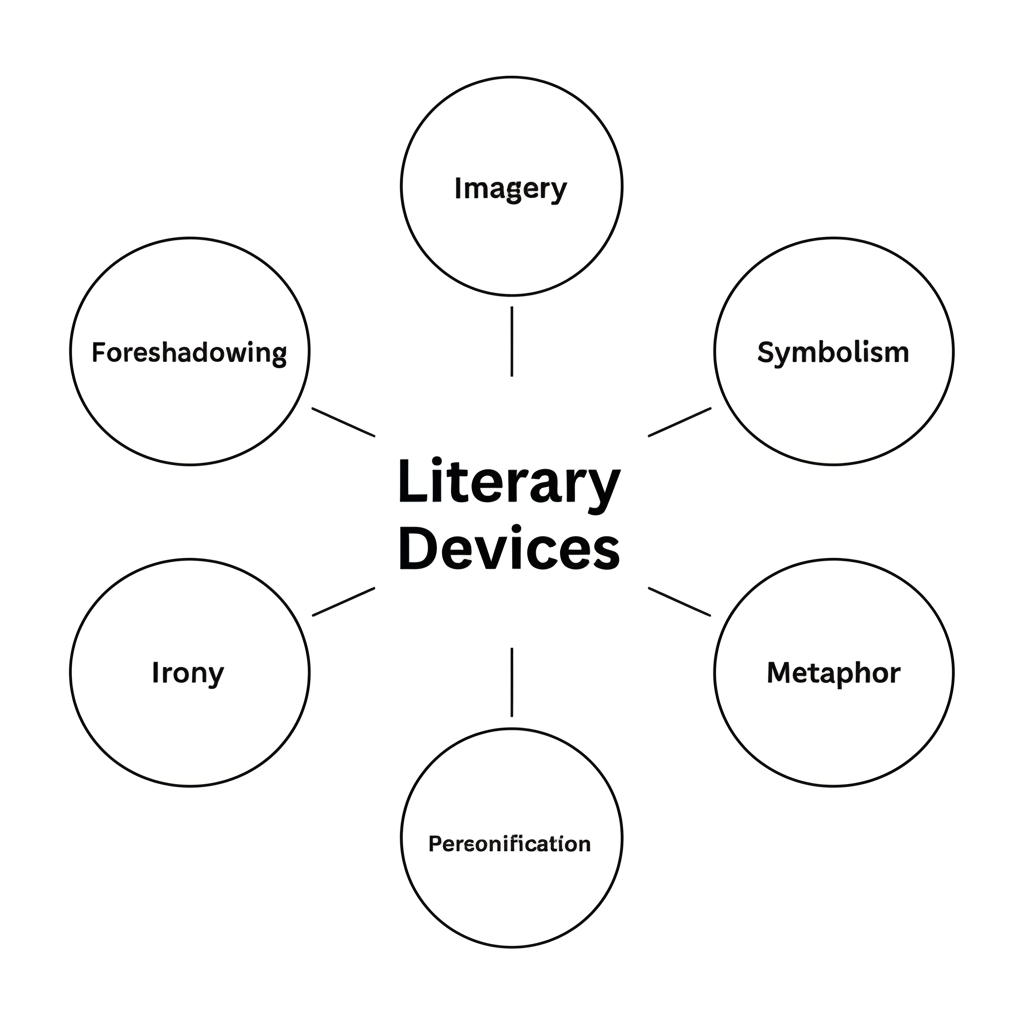 Mind map of literary devices including symbolism, imagery, metaphor, personification, irony, and characterization