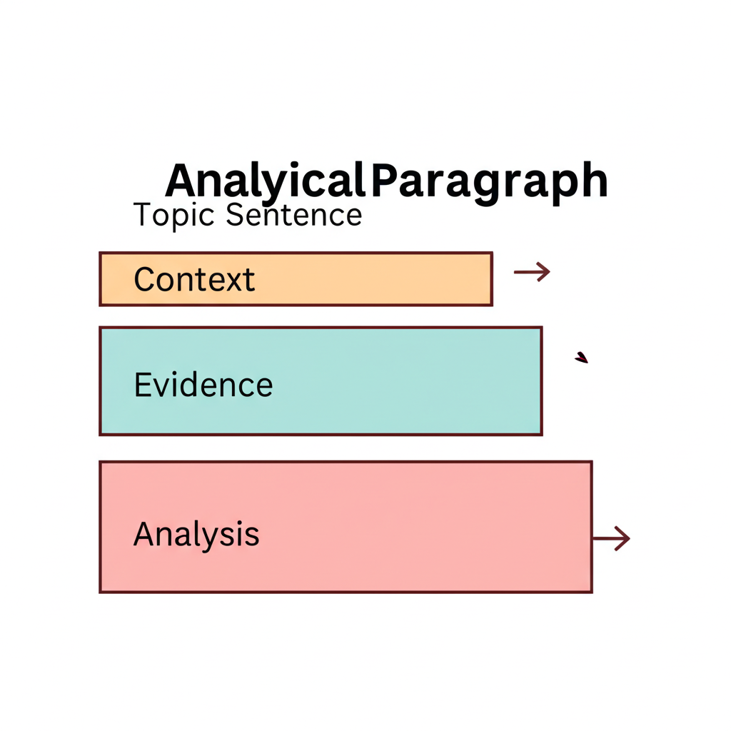 Anatomy of an analytical paragraph showing stacked blocks: Topic Sentence, Context, Textual Evidence, Explanation/Analysis, and Concluding Sentence