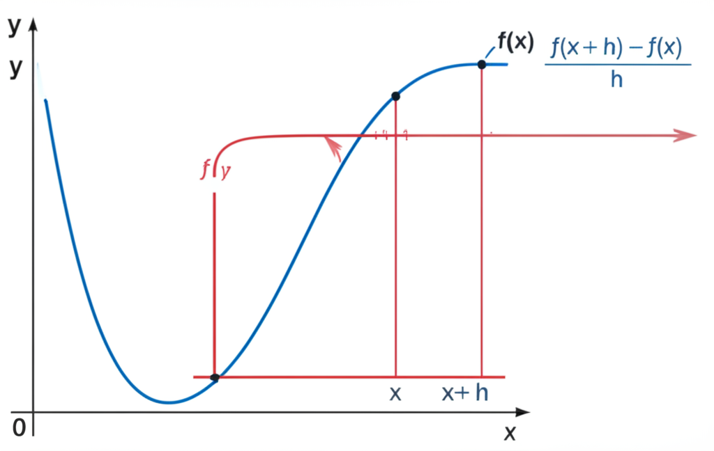 Difference quotient visualization showing two points on a curve connected by a secant line, with horizontal distance h and vertical distance f(x+h) minus f(x) labeled