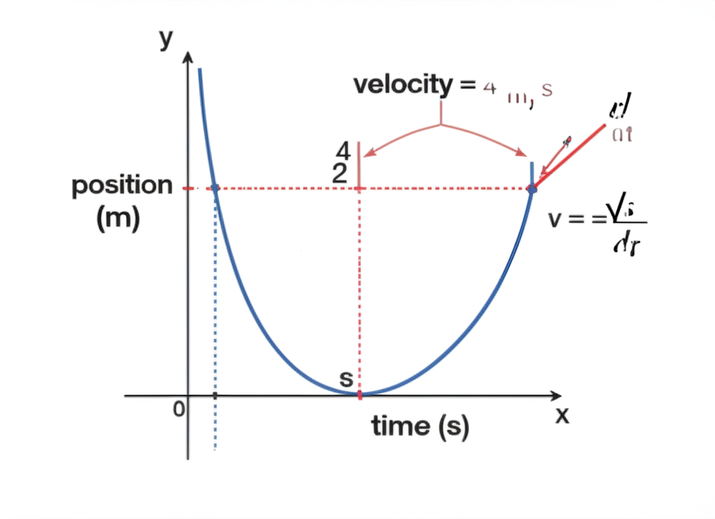 Velocity as derivative of position: a position-time graph with tangent line showing instantaneous velocity