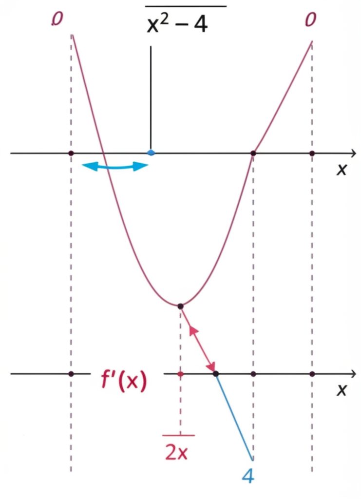 Two vertically aligned graphs showing a function f(x) and its derivative f prime of x, with key points aligned