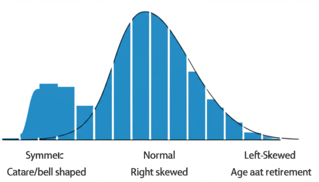 Three histograms showing different distribution shapes: symmetric (bell-shaped), skewed left (tail extends left), and skewed right (tail extends right)
