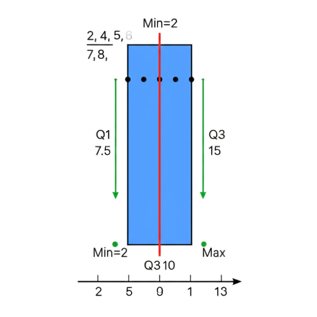Step-by-step construction of a box plot showing minimum, Q1, median, Q3, maximum, and how whiskers and outlier points are drawn