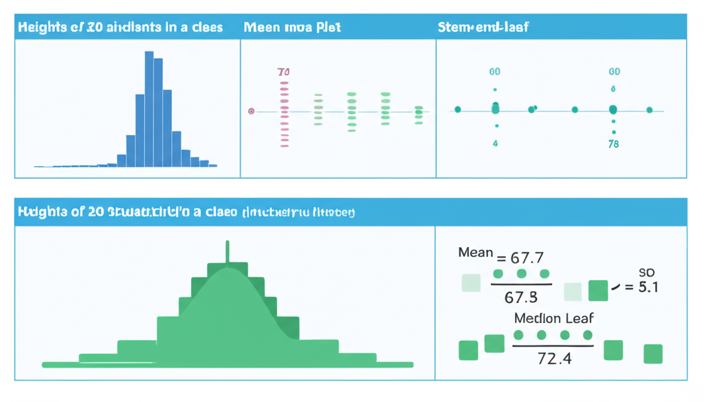 Real-world dataset displayed using multiple representations: frequency table, dot plot, histogram, and box plot side by side