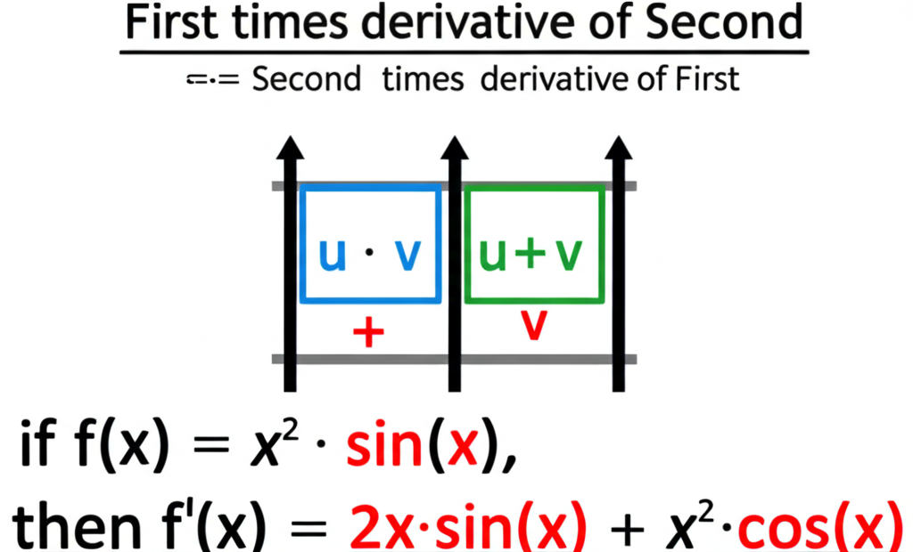 Product rule diagram showing the cross-multiplication pattern: f prime g plus f g prime
