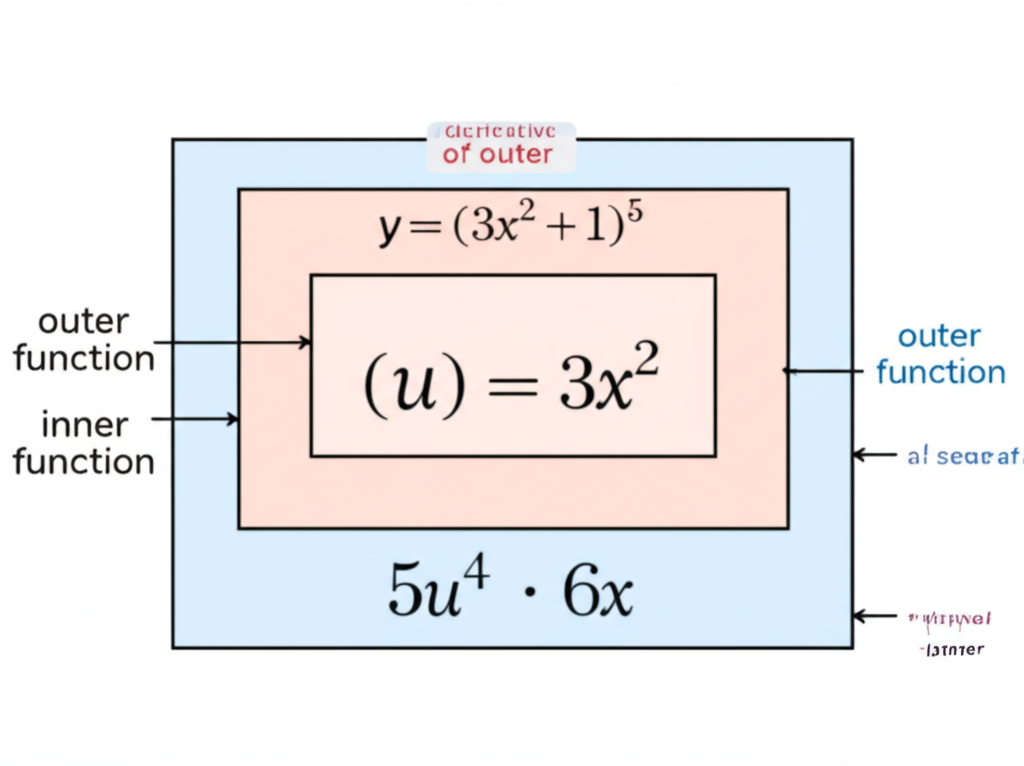Chain rule visualization showing nested boxes: outer function f(u) and inner function u = g(x), with arrows showing the multiplication of derivatives