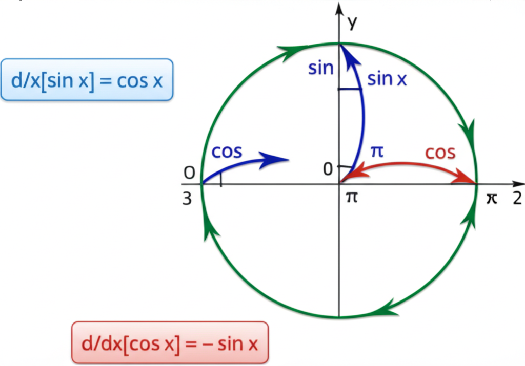 Trigonometric derivatives chart showing the six trig functions and their derivatives with sign patterns