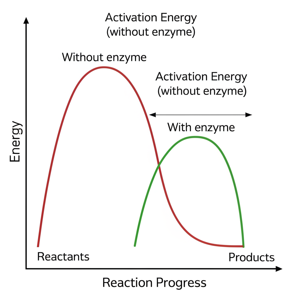 Energy diagram showing activation energy with and without an enzyme. The enzyme lowers the energy barrier from reactants to products.