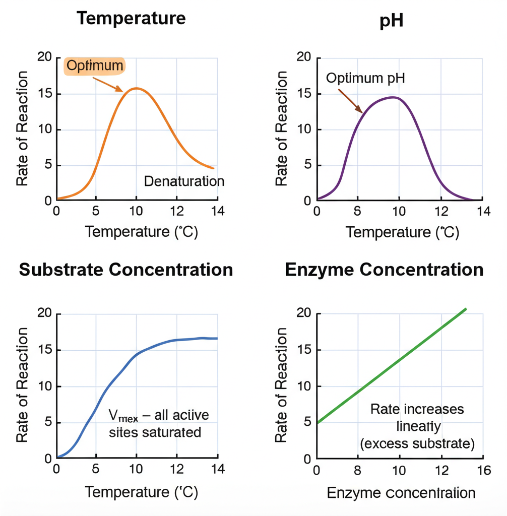 Four graphs: Rate vs Temperature (bell curve, optimum ~37°C), Rate vs pH (bell curve), Rate vs Substrate Concentration (saturation curve plateauing at Vmax), Rate vs Enzyme Concentration (linear increase)