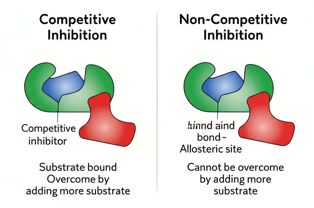 Diagram comparing competitive inhibition (inhibitor blocks active site, overcome by more substrate) and non-competitive inhibition (inhibitor binds allosteric site, changes enzyme shape, cannot be overcome)