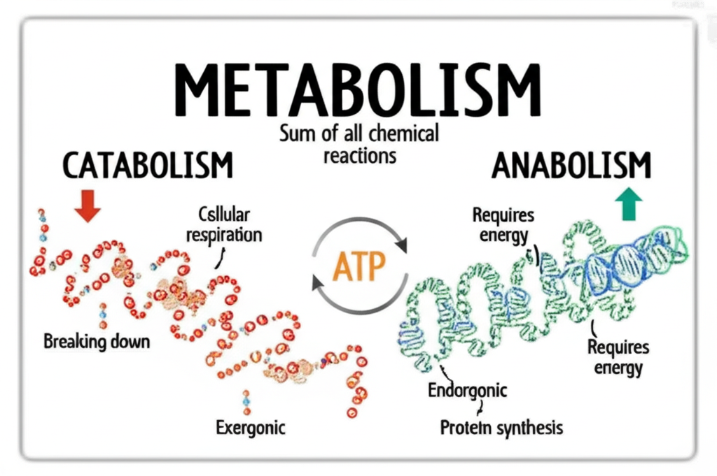 Infographic showing metabolism split into catabolism (breaking down, releasing energy) and anabolism (building up, requiring energy), linked by ATP