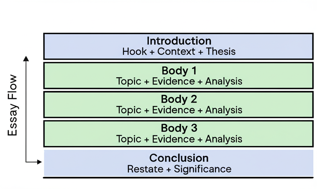 Five-paragraph essay structure diagram showing: Introduction (Hook + Context + Thesis), Body 1-3 (Topic + Evidence + Analysis), and Conclusion (Restate + Significance)