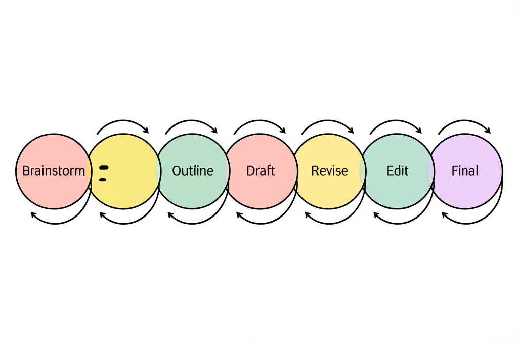 The writing process: Brainstorm, Outline, Draft, Revise, Edit, Final — with arrows showing the iterative nature of each stage