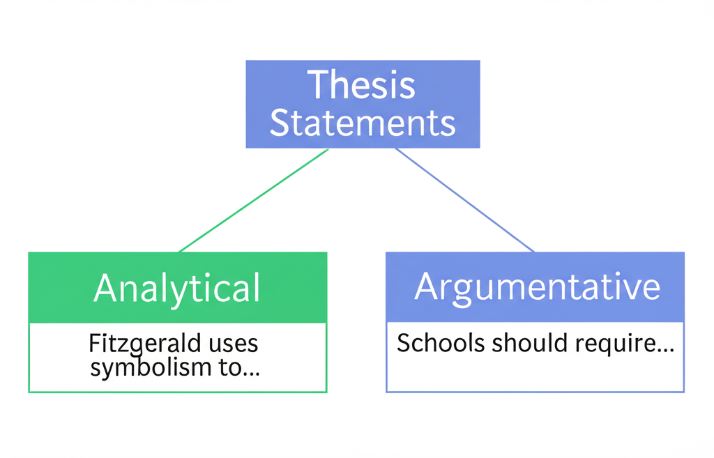 Diagram showing two types of thesis statements: Analytical (e.g., 'Fitzgerald uses symbolism to...') and Argumentative (e.g., 'Schools should require...')