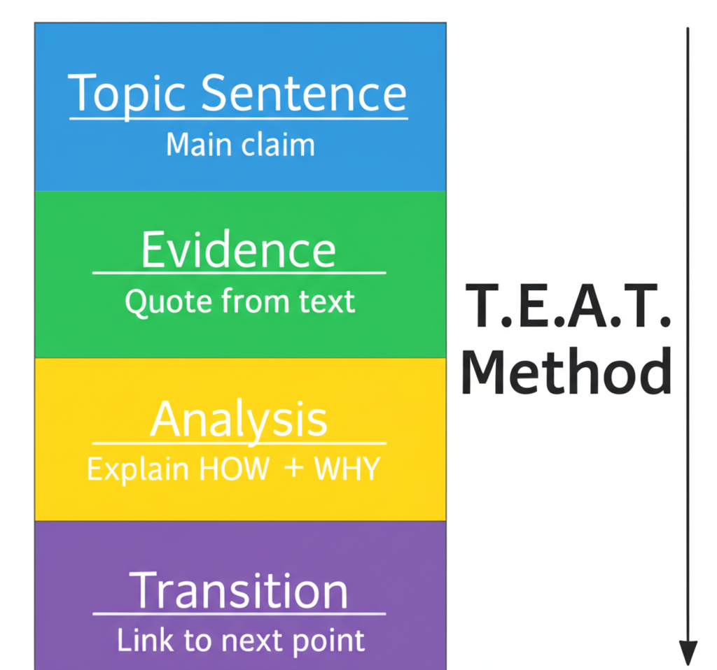 T.E.A.T. Method diagram showing four layers: Topic Sentence (main claim), Evidence (quote from text), Analysis (explain HOW + WHY), and Transition (link to next point)