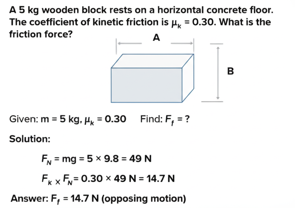 Worked example showing a 5 kg block on a horizontal surface with μ_k = 0.30, calculating friction force of 14.7 N