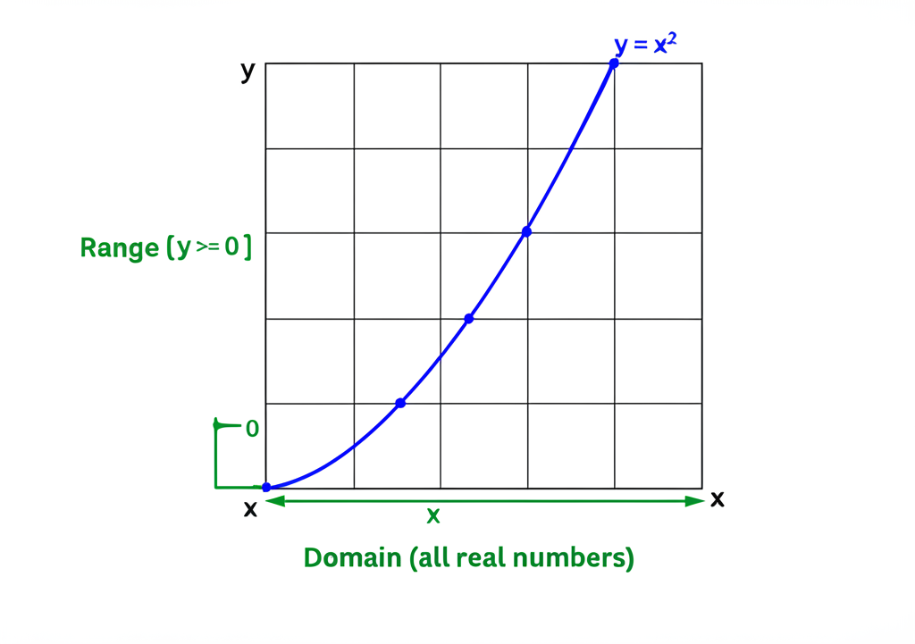 Graph of y = x squared showing domain (all real numbers along x-axis) and range (y >= 0)