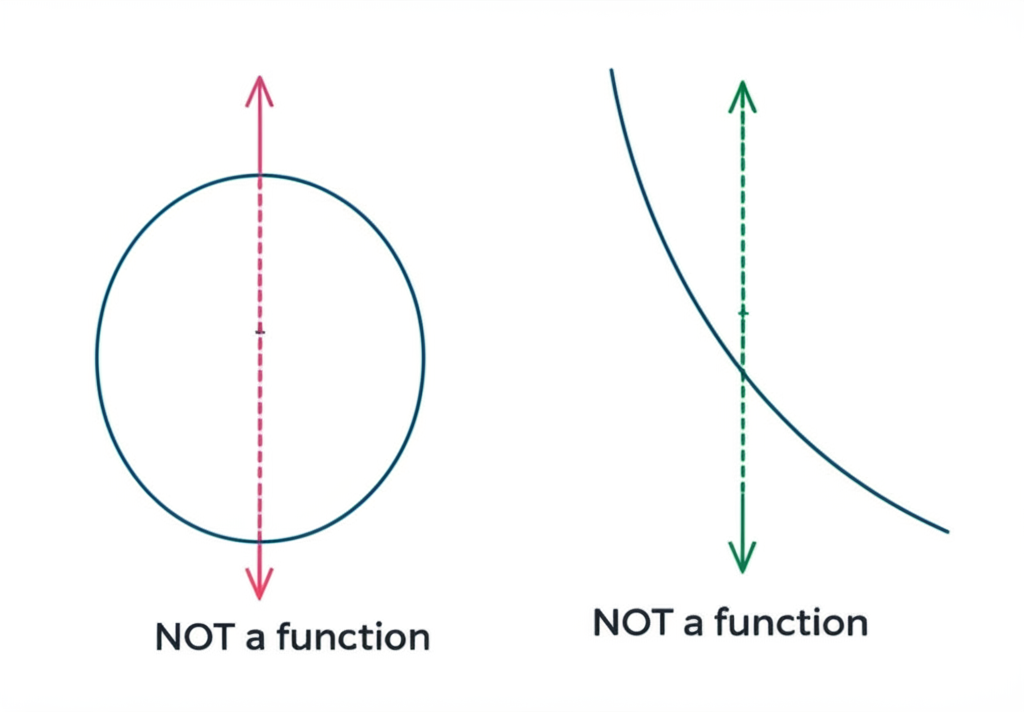 Vertical line test: a circle and a curve both fail the test — NOT functions