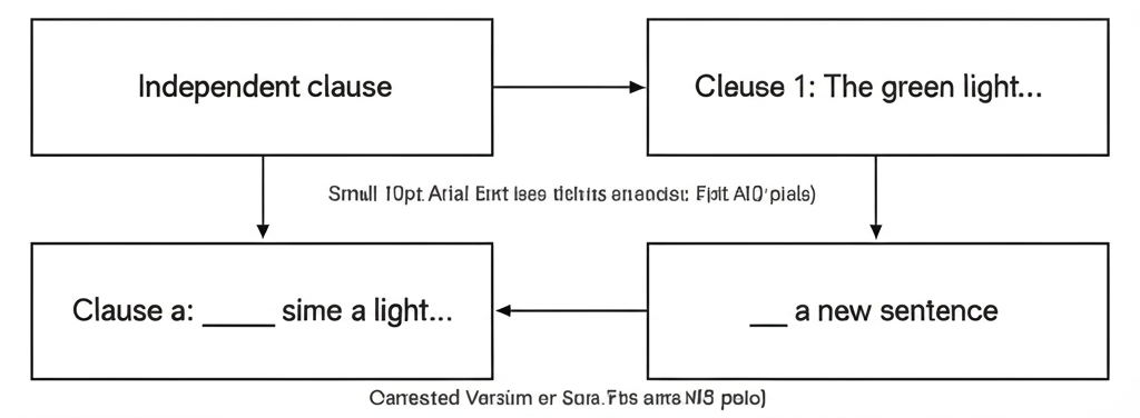 Diagram showing a run-on sentence broken into correctly punctuated independent clauses with semicolons, periods, and conjunctions