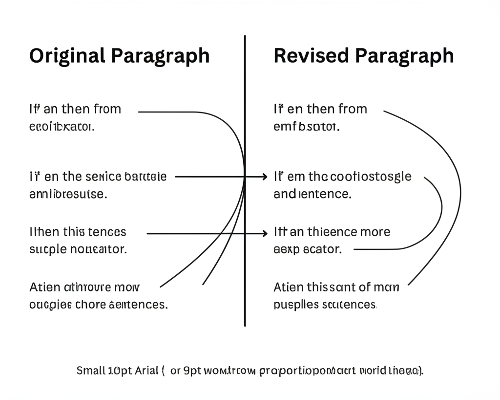 Side-by-side comparison showing monotonous simple sentences transformed into varied, impactful compound and complex sentences