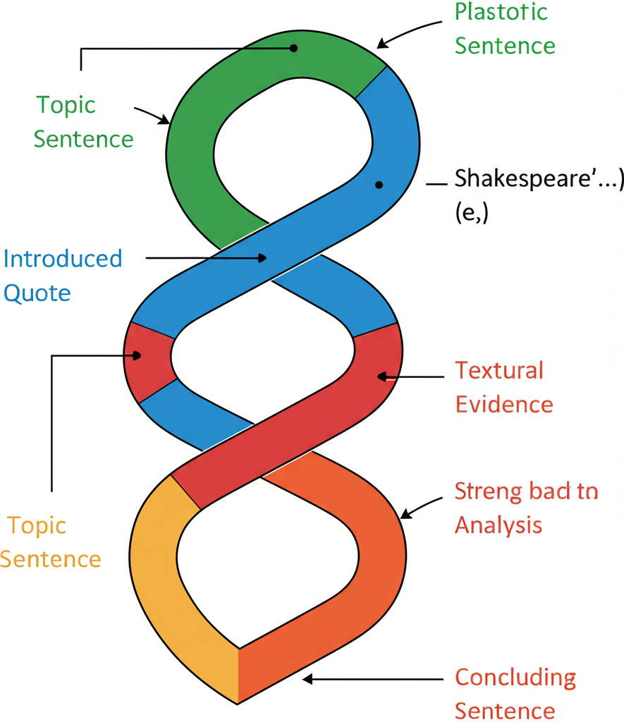 Annotated analytical paragraph with color-coded sections showing topic sentence, introduced evidence, textual evidence, analysis, and concluding sentence