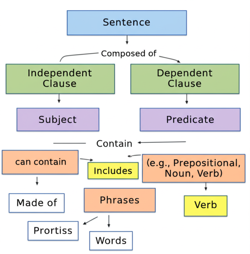 Core concept diagram showing the hierarchy of sentence structure: sentences composed of clauses and phrases, containing subjects and predicates